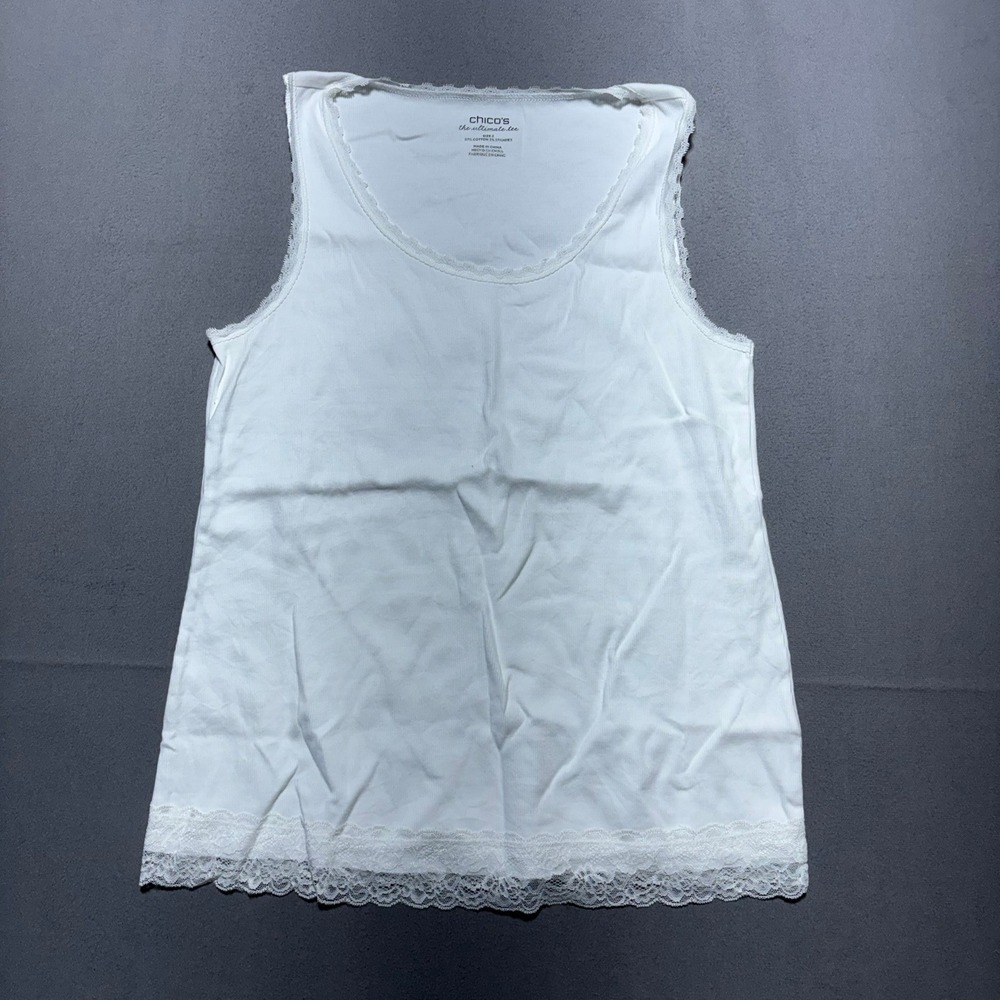 Chicos The Ultimate Tee White Ribbed Lace Trim Tank Top Size 2 L Large